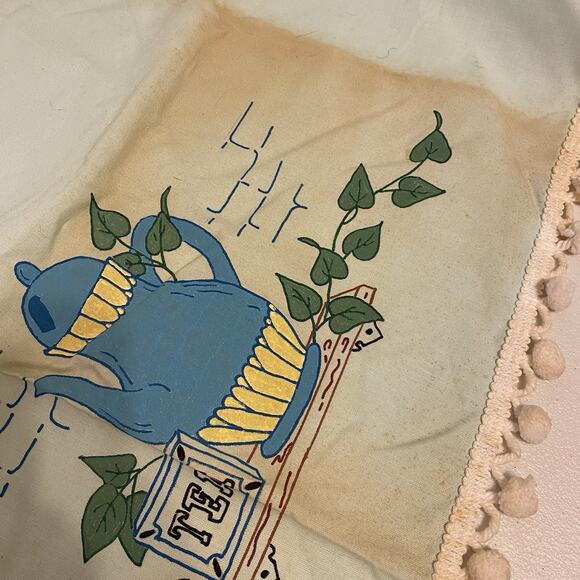 Vintage Retro MCM 60s 70s Square Linen Tablecloth 41x41” Hand painted Teapots - Picture 6 of 9